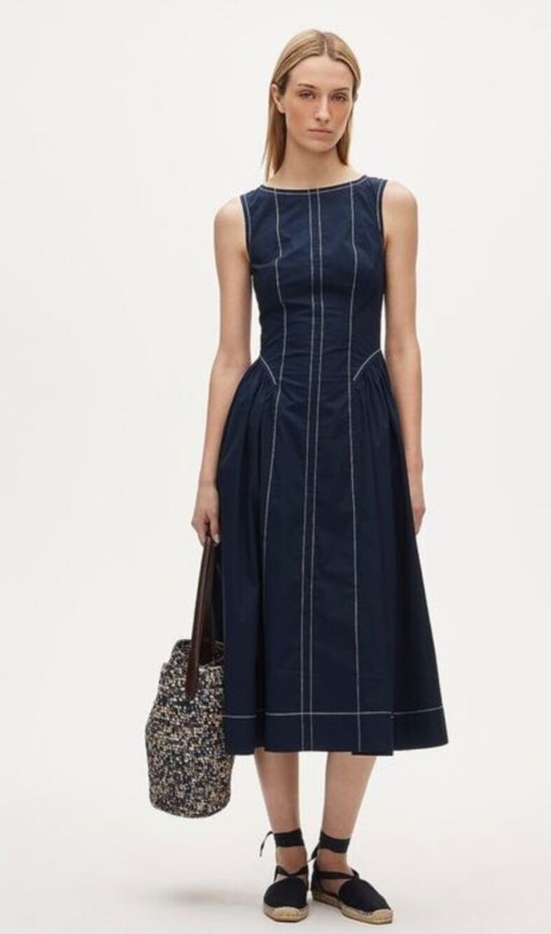 NWT J. Crew Contrast-Stitch Midi Dress In Cotton-Blend Poplin Navy 6